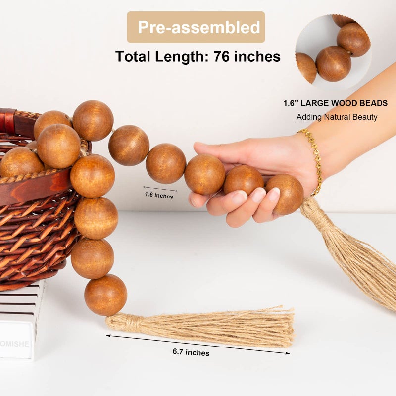 OMISHE 76" Long Extra Large Wood Bead Garland with 1.6" Diameter Wooden Beads and Tassels, Rustic Farmhouse Country Decorative Beads for Home Tiered Tray Decor, Brown - Image 4